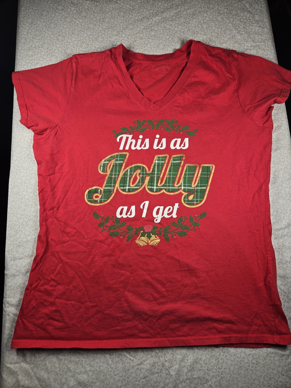 Women's Red V-Neck Short Sleeve Graphic Tee "This Is As Jolly As I Get" L